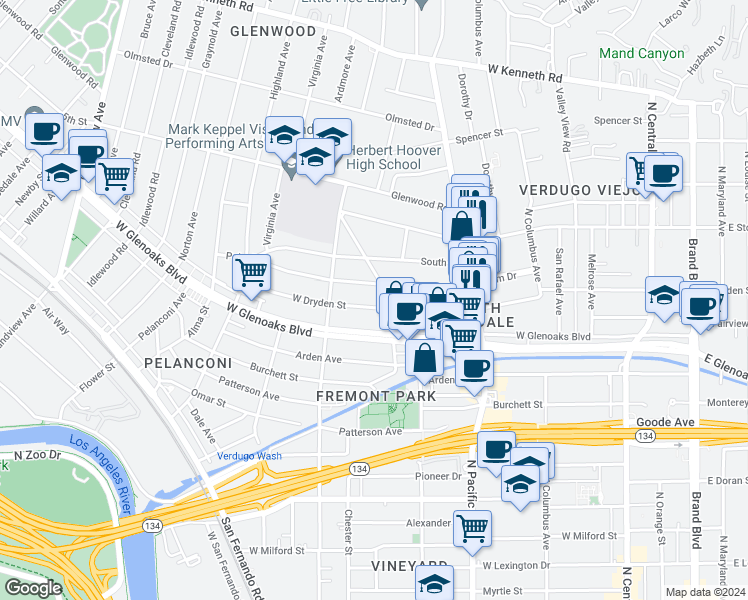 map of restaurants, bars, coffee shops, grocery stores, and more near 627 West Dryden Street in Glendale