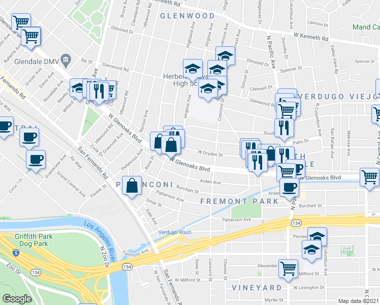 map of restaurants, bars, coffee shops, grocery stores, and more near 817 West Glenoaks Boulevard in Glendale