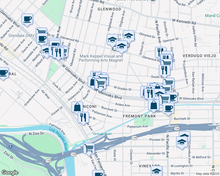 map of restaurants, bars, coffee shops, grocery stores, and more near 817 West Glenoaks Boulevard in Glendale