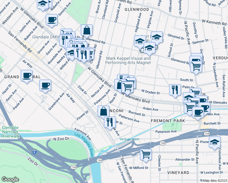 map of restaurants, bars, coffee shops, grocery stores, and more near 932 West Glenoaks Boulevard in Glendale