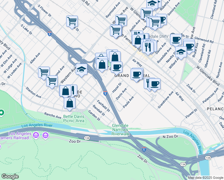 map of restaurants, bars, coffee shops, grocery stores, and more near 606 Hazel Street in Glendale