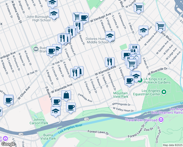 map of restaurants, bars, coffee shops, grocery stores, and more near 1701 West Alameda Avenue in Burbank