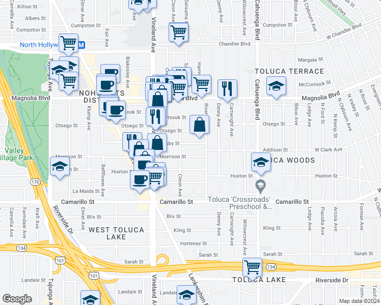 map of restaurants, bars, coffee shops, grocery stores, and more near 10815 Morrison Street in Los Angeles