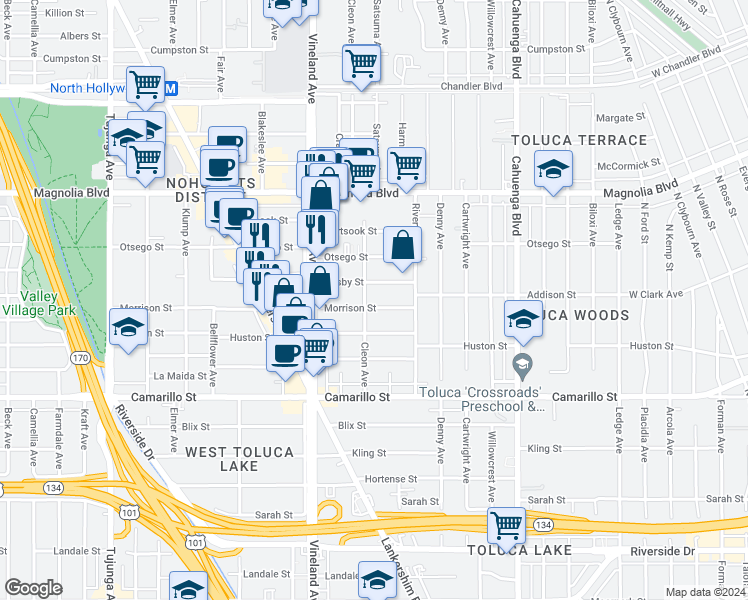 map of restaurants, bars, coffee shops, grocery stores, and more near 10857 Morrison Street in Los Angeles