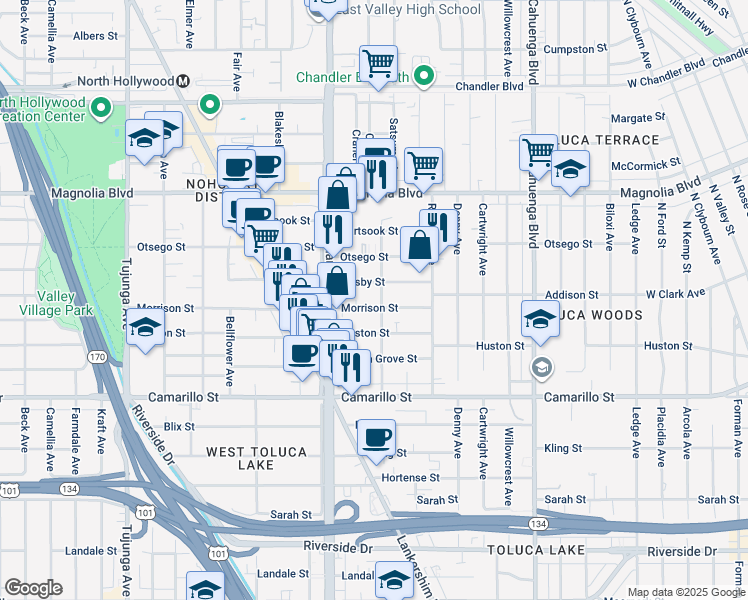 map of restaurants, bars, coffee shops, grocery stores, and more near 10857 Morrison Street in Los Angeles