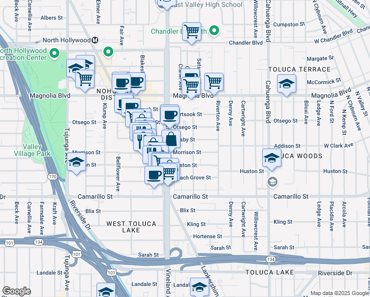 map of restaurants, bars, coffee shops, grocery stores, and more near 10939 Morrison Street in Los Angeles