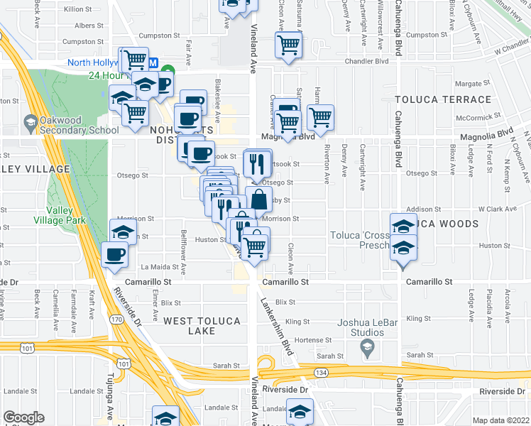 map of restaurants, bars, coffee shops, grocery stores, and more near 10939 Morrison Street in Los Angeles