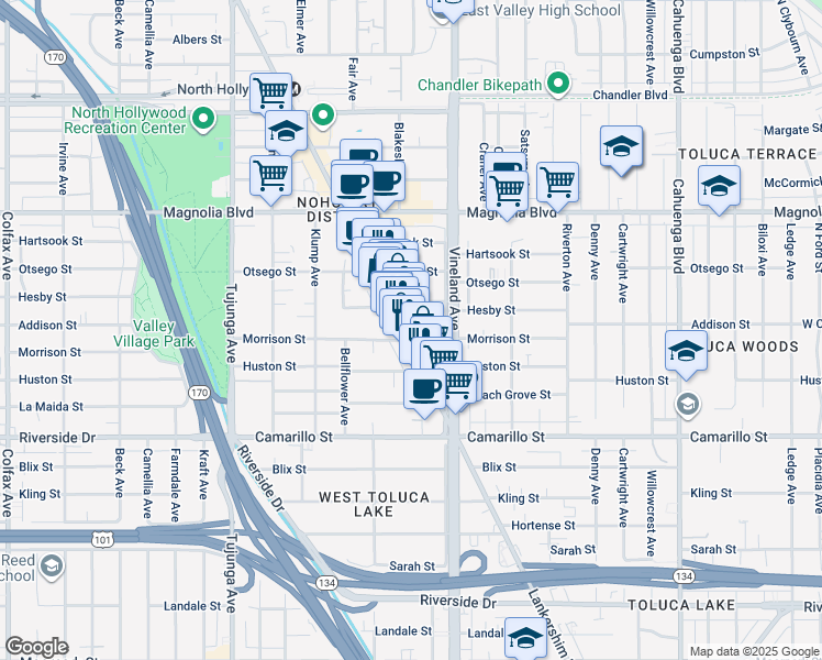 map of restaurants, bars, coffee shops, grocery stores, and more near 5003 Lankershim Boulevard in Los Angeles