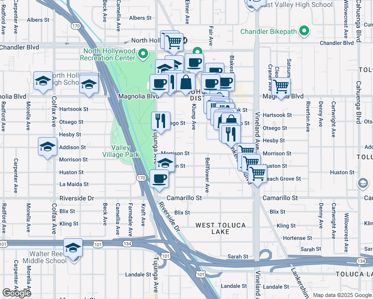 map of restaurants, bars, coffee shops, grocery stores, and more near 11265 Morrison Street in Los Angeles