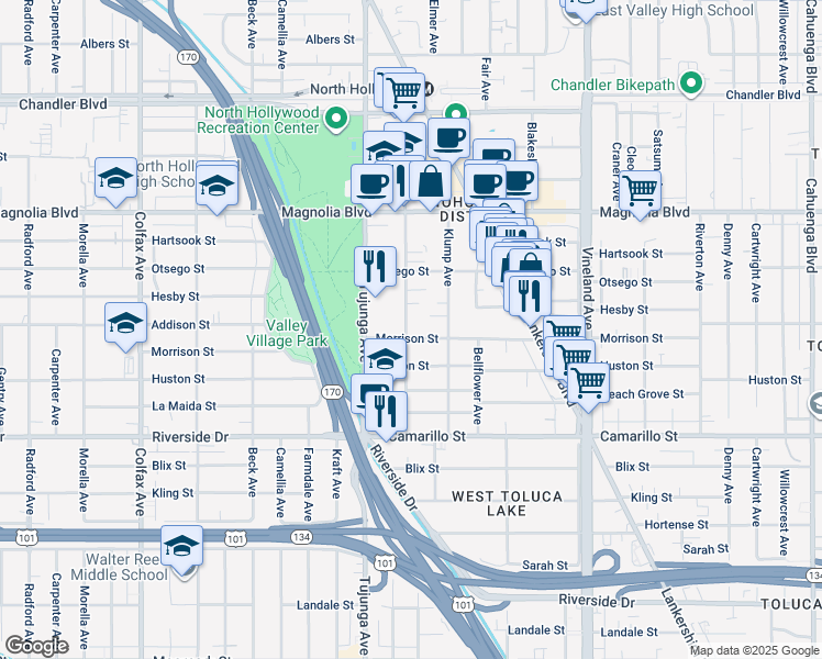 map of restaurants, bars, coffee shops, grocery stores, and more near 11265 Morrison Street in Los Angeles