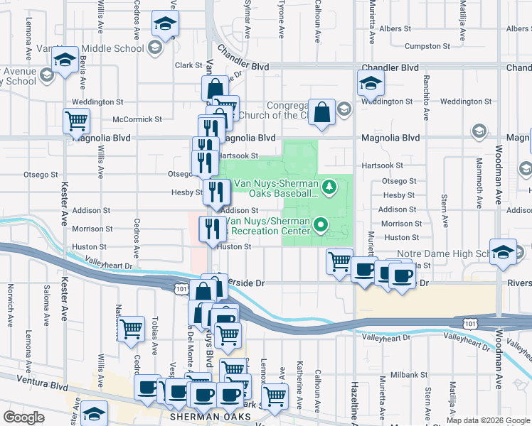 map of restaurants, bars, coffee shops, grocery stores, and more near 14350 Addison Street in Los Angeles
