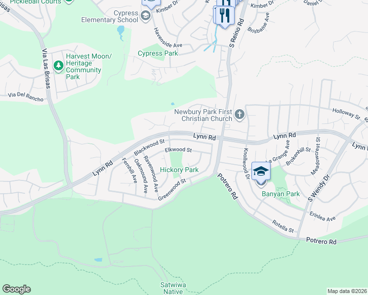 map of restaurants, bars, coffee shops, grocery stores, and more near 3953 Elkwood Street in Thousand Oaks