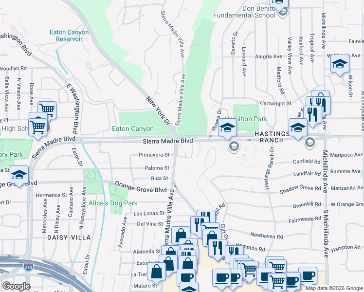 map of restaurants, bars, coffee shops, grocery stores, and more near 866 Sierra Madre Villa Avenue in Pasadena