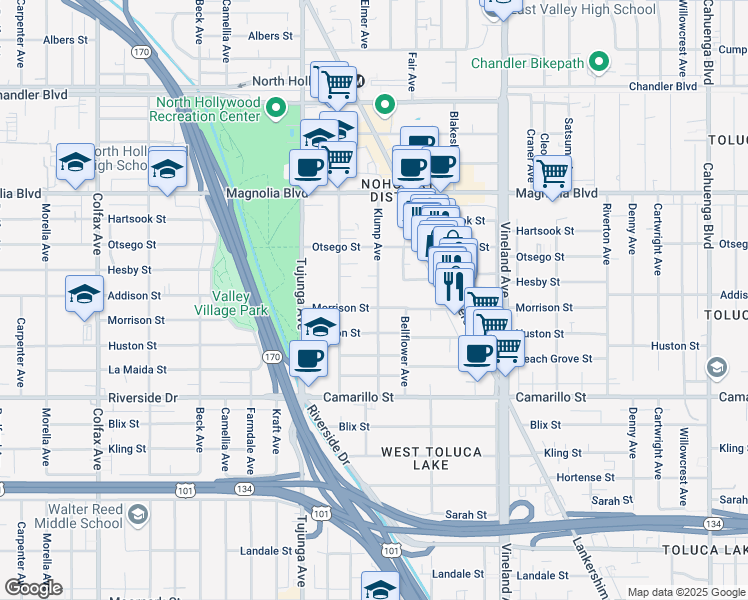 map of restaurants, bars, coffee shops, grocery stores, and more near 11241 Morrison Street in Los Angeles