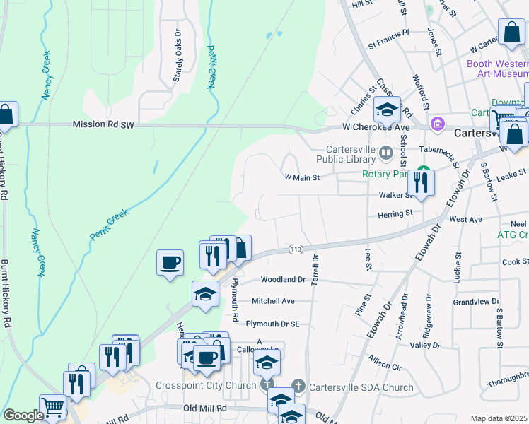 map of restaurants, bars, coffee shops, grocery stores, and more near 3 Elm Street in Cartersville