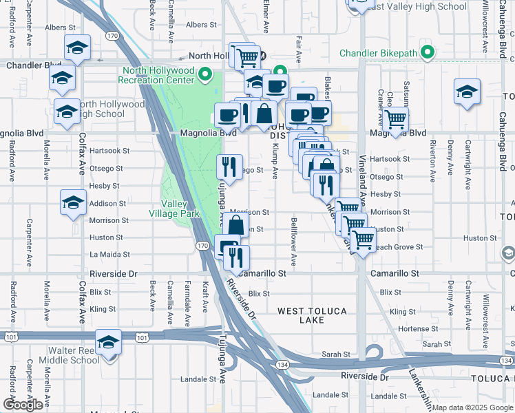 map of restaurants, bars, coffee shops, grocery stores, and more near 11265 Morrison Street in Los Angeles