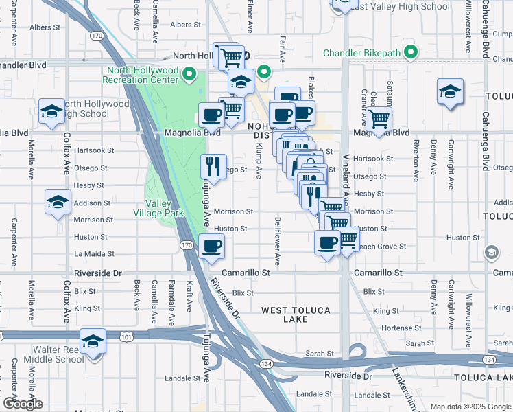 map of restaurants, bars, coffee shops, grocery stores, and more near 11241 Morrison Street in Los Angeles
