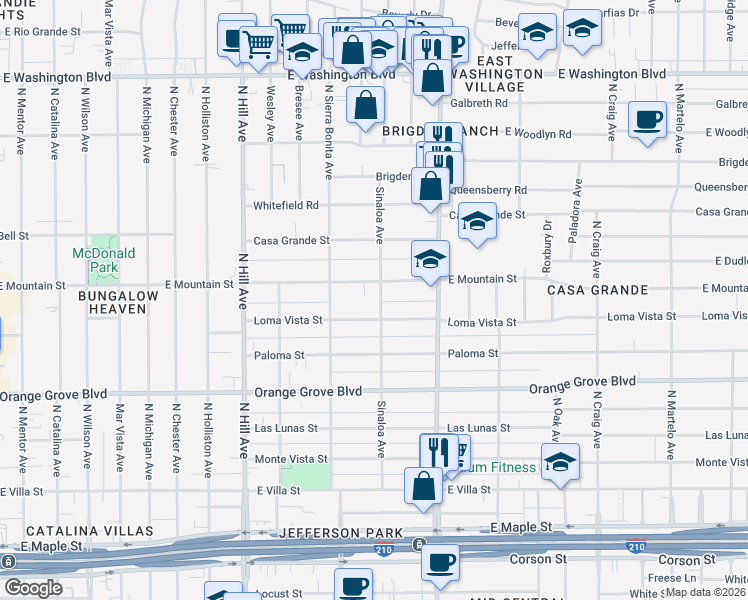 map of restaurants, bars, coffee shops, grocery stores, and more near 871 Sinaloa Avenue in Pasadena