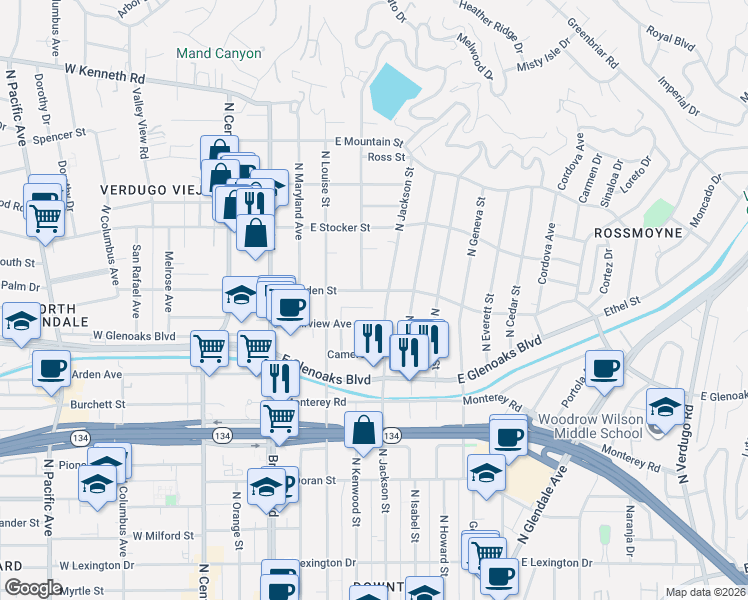 map of restaurants, bars, coffee shops, grocery stores, and more near 6 Sherman Lane in Glendale