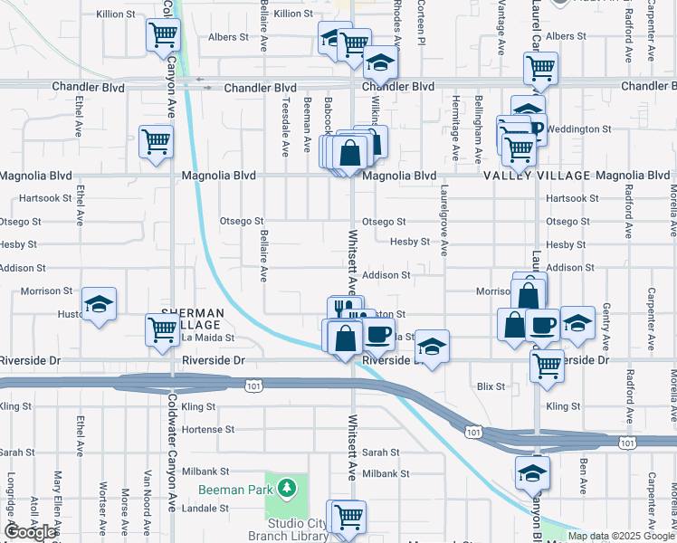 map of restaurants, bars, coffee shops, grocery stores, and more near 12518 Addison Street in Los Angeles