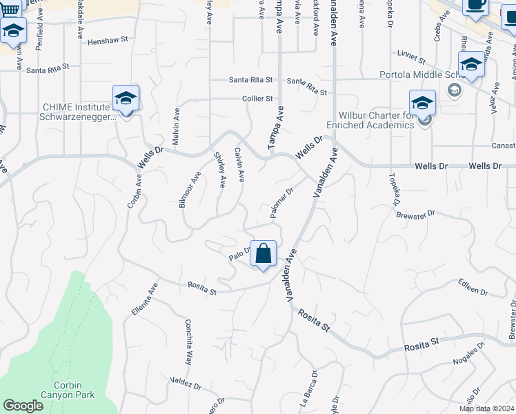 map of restaurants, bars, coffee shops, grocery stores, and more near 19324 Palomar Place in Los Angeles