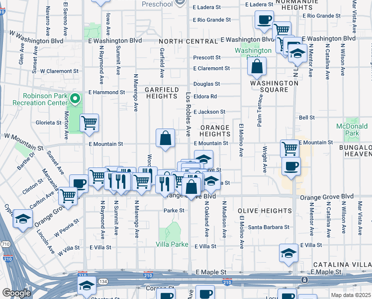 map of restaurants, bars, coffee shops, grocery stores, and more near 885 North Los Robles Avenue in Pasadena