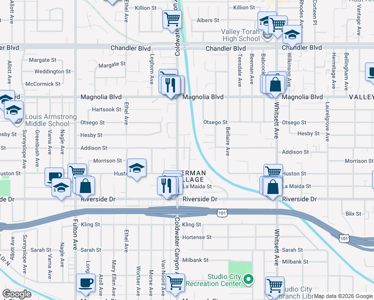 map of restaurants, bars, coffee shops, grocery stores, and more near 4961 Alcove Avenue in Los Angeles