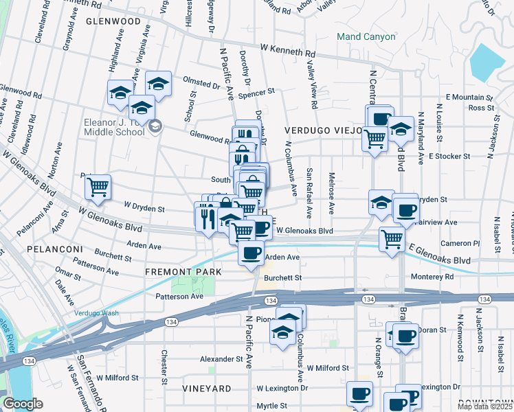 map of restaurants, bars, coffee shops, grocery stores, and more near 457 West Dryden Street in Glendale