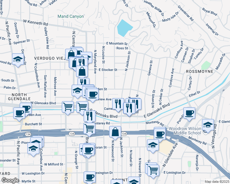 map of restaurants, bars, coffee shops, grocery stores, and more near 6 Sherman Lane in Glendale