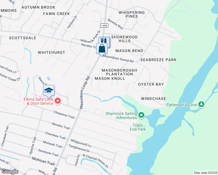 map of restaurants, bars, coffee shops, grocery stores, and more near 710 Mason Knoll Drive in Wilmington