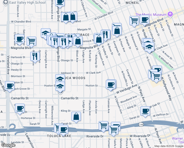 map of restaurants, bars, coffee shops, grocery stores, and more near 4956 Placidia Avenue in Los Angeles