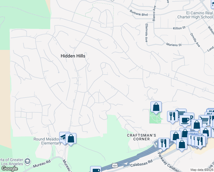 map of restaurants, bars, coffee shops, grocery stores, and more near 24342 Bridle Trail Road in Hidden Hills