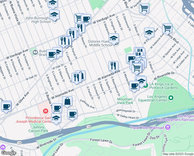 map of restaurants, bars, coffee shops, grocery stores, and more near 1701 West Alameda Avenue in Burbank
