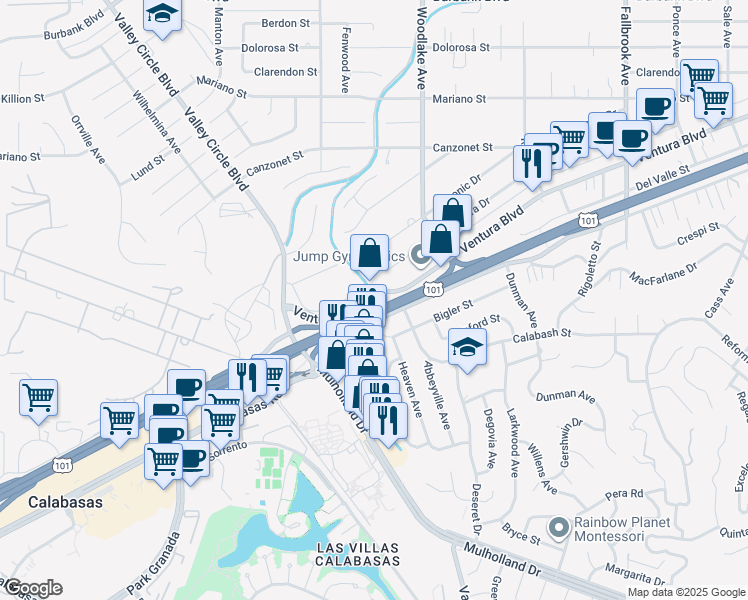 map of restaurants, bars, coffee shops, grocery stores, and more near 23300 Ventura Boulevard in Los Angeles