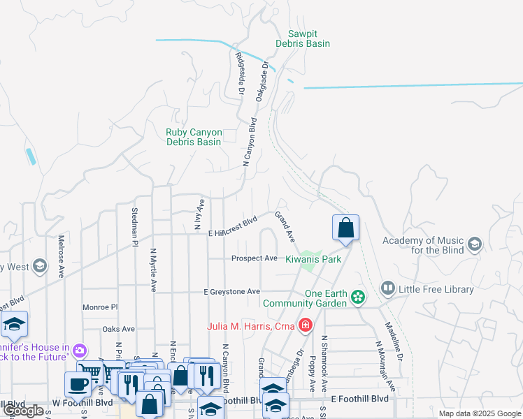 map of restaurants, bars, coffee shops, grocery stores, and more near 351 East Hillcrest Boulevard in Monrovia