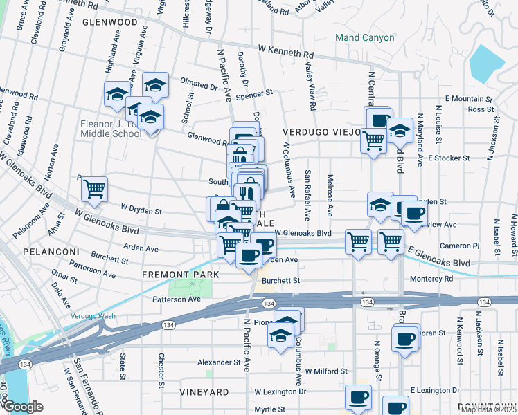 map of restaurants, bars, coffee shops, grocery stores, and more near in Glendale