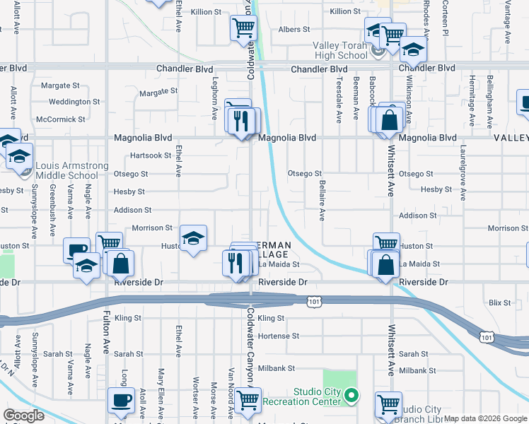 map of restaurants, bars, coffee shops, grocery stores, and more near 4961 Alcove Avenue in Los Angeles