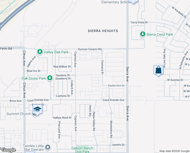 map of restaurants, bars, coffee shops, grocery stores, and more near 16584 Poppy Seed Lane in Fontana