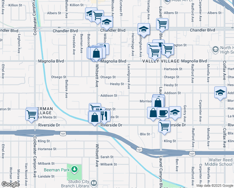 map of restaurants, bars, coffee shops, grocery stores, and more near 12347 Addison Street in Los Angeles