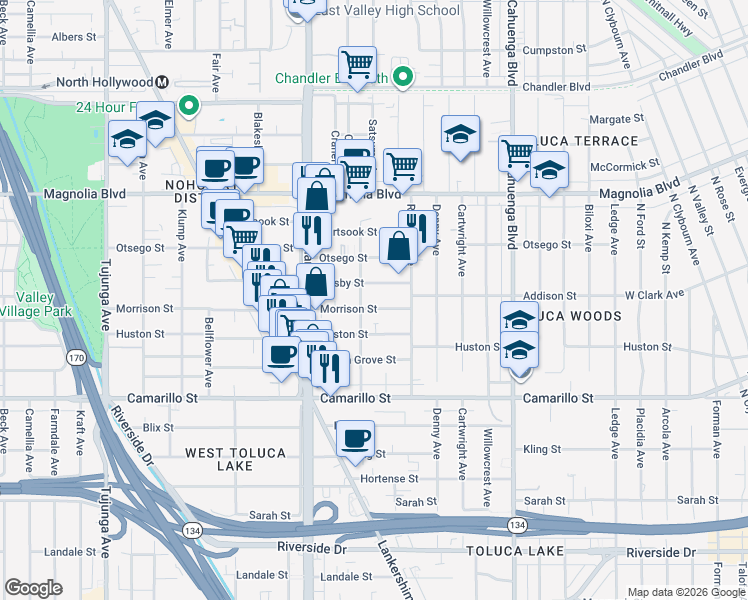 map of restaurants, bars, coffee shops, grocery stores, and more near 10847 Morrison Street in Los Angeles