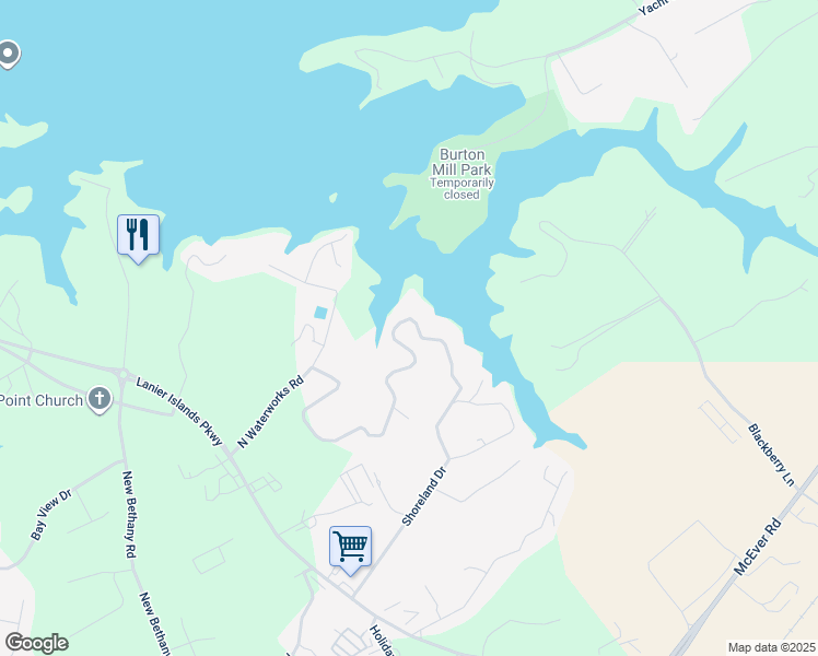 map of restaurants, bars, coffee shops, grocery stores, and more near 3456 Shoreland Drive in Buford