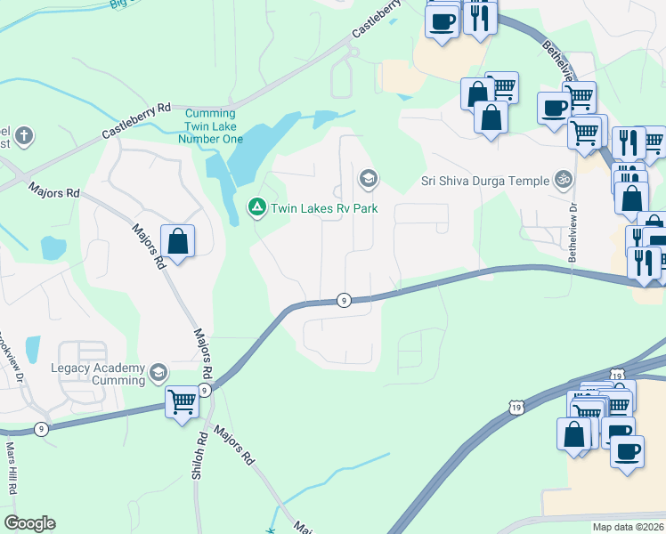 map of restaurants, bars, coffee shops, grocery stores, and more near 3060 Glen Wallace Drive in Cumming