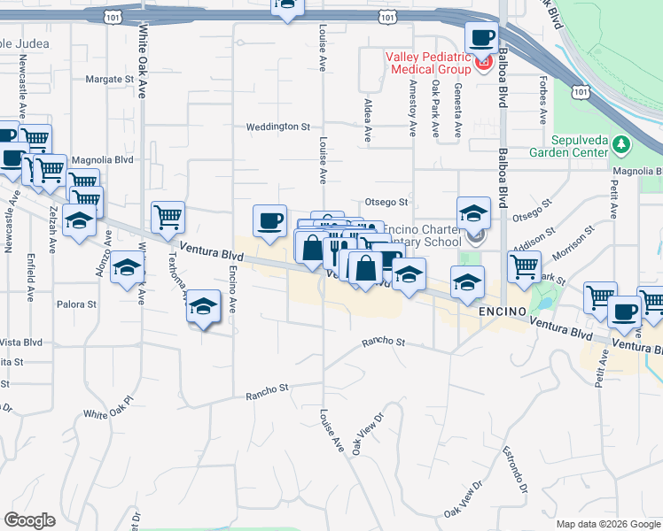 map of restaurants, bars, coffee shops, grocery stores, and more near Ventura Boulevard in Los Angeles