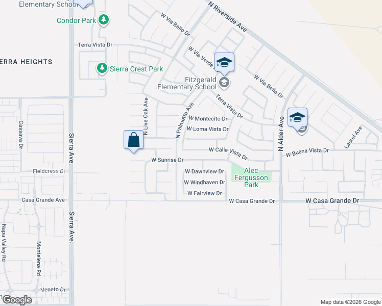 map of restaurants, bars, coffee shops, grocery stores, and more near 2640 West Sunrise Drive in Rialto