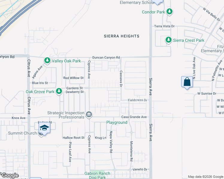 map of restaurants, bars, coffee shops, grocery stores, and more near 16584 Poppy Seed Lane in Fontana