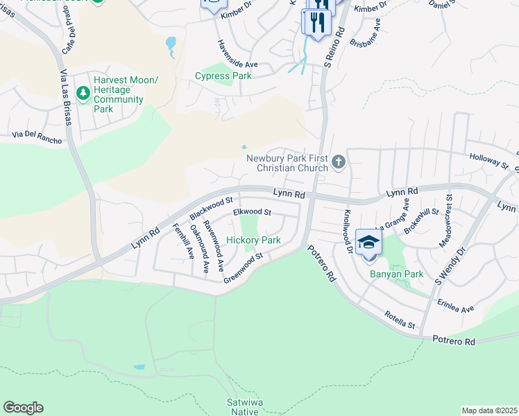 map of restaurants, bars, coffee shops, grocery stores, and more near 3953 Elkwood Street in Thousand Oaks