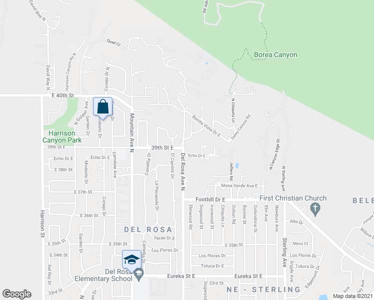 map of restaurants, bars, coffee shops, grocery stores, and more near 3895 Del Rosa Avenue North in San Bernardino