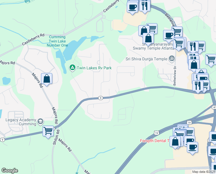 map of restaurants, bars, coffee shops, grocery stores, and more near 2894 Cross Creek Court in Cumming