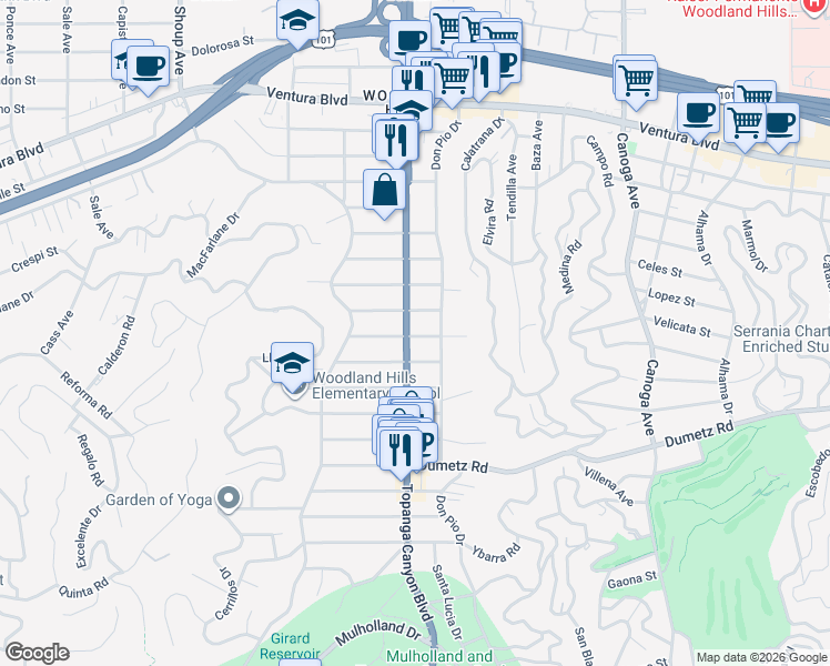 map of restaurants, bars, coffee shops, grocery stores, and more near 21912 Lopez Street in Los Angeles