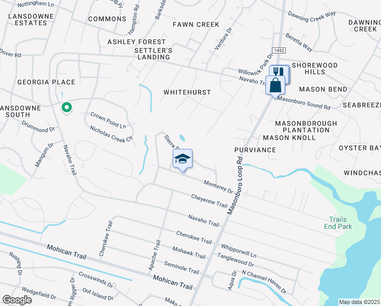 map of restaurants, bars, coffee shops, grocery stores, and more near 302 Sierra Drive in Wilmington